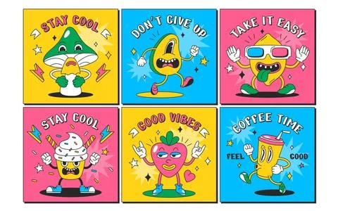 Trendy psychedelic square posters with funny characters Stock Illustration
