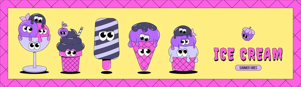 Trendy psychedelic sweet banner. Psychedelic characters ice cream with funk.. Stock Illustration