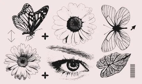 Trendy realistic Elements set with vintage photocopy effect. Vintage y2k styled Stock Illustration