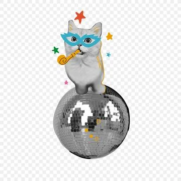 Trendy retro collage element with a funny cat in New Year's mask standing o.. Stock Illustration