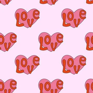 Trendy retro Seamless Pattern with cartoon shape heart. Patch pink LOVE. Stock Illustration