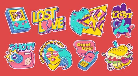 Trendy retro stickers, patch 90s design Stock Illustration