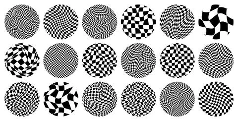 Trendy round checkered pattern, distorted tiled grid. Wavy curved backdrop Illustrazione stock
