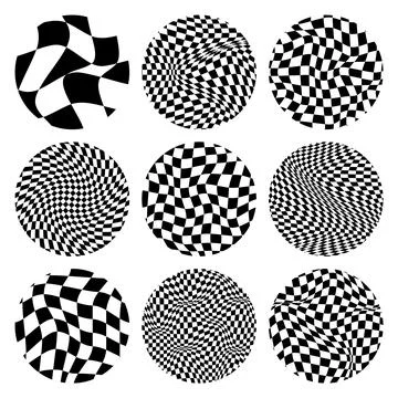 Trendy round checkered pattern, distorted tiled grid. Wavy curved backdrop Stock Illustration