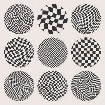 Trendy round checkered pattern, distorted tiled grid. Wavy curved backdrop Stock Illustration