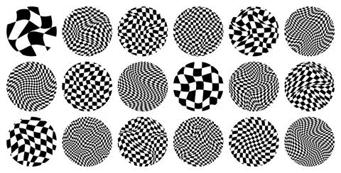 Trendy round checkered pattern, distorted tiled grid. Wavy curved backdrop Illustrazione stock