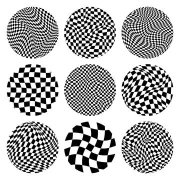 Trendy round checkered pattern, distorted tiled grid. Wavy curved backdrop Stock Illustration