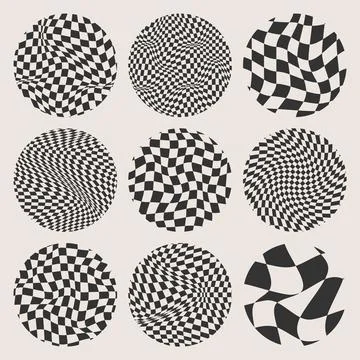 Trendy round checkered pattern, distorted tiled grid. Wavy curved backdrop Illustrazione stock