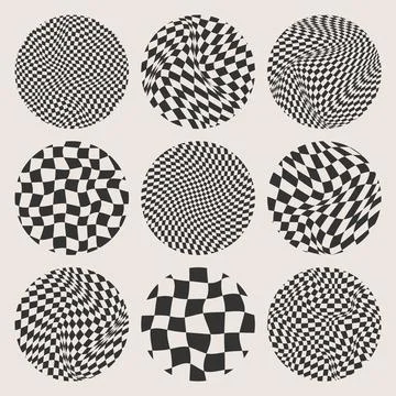 Trendy round checkered pattern, distorted tiled grid. Wavy curved backdrop Stock Illustration