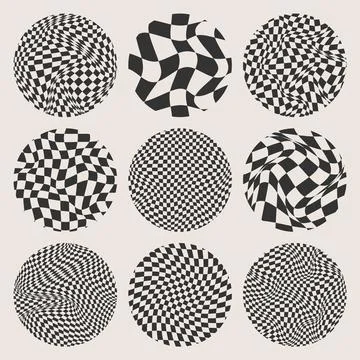 Trendy round checkered pattern, distorted tiled grid. Wavy curved backdrop Stock Illustration