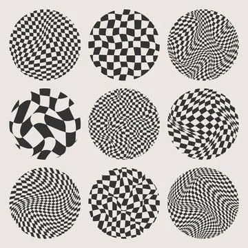 Trendy round checkered pattern, distorted tiled grid. Wavy curved backdrop Illustrazione stock