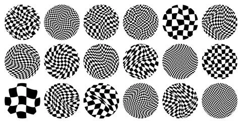 Trendy round checkered pattern, distorted tiled grid. Wavy curved backdrop Stock Illustration