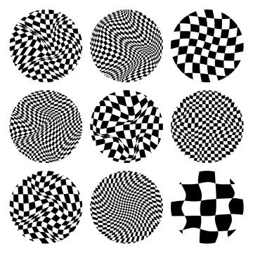 Trendy round checkered pattern, distorted tiled grid. Wavy curved backdrop Stock Illustration
