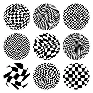 Trendy round checkered pattern, distorted tiled grid. Wavy curved backdrop Stock Illustration