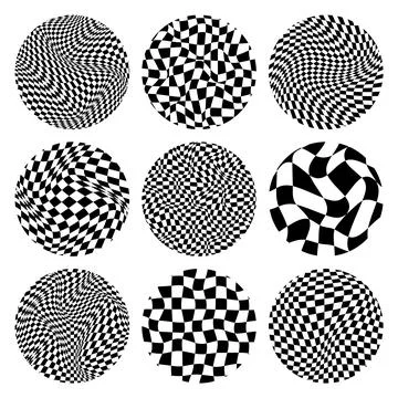 Trendy round checkered pattern, distorted tiled grid. Wavy curved backdrop Illustrazione stock