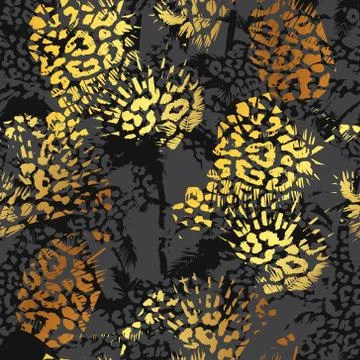 Trendy seamless background with abstract patterns and golden leopard print. M Stock Illustration