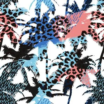 Trendy seamless exotic pattern with palm, animal prints and hand drawn text.. Stock Illustration