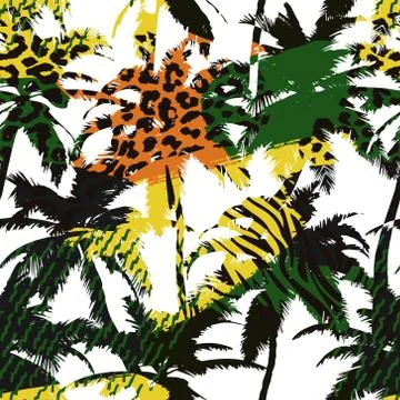 Trendy seamless exotic pattern with palm, animal prints and hand drawn text.. Stock Illustration