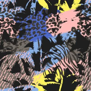 Trendy seamless exotic pattern with palm, animal prints and hand drawn text.. Stock Illustration