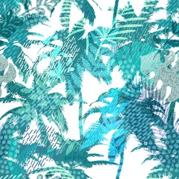 Trendy seamless exotic pattern with palm, tropical plants and hand drawn text 스톡 일러스트