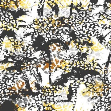 Trendy seamless exotic pattern with palm and animal prints. Modern abstract d Stock Illustration
