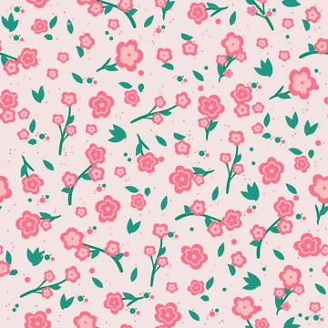 Trendy seamless flowers pattern on pink background . Cherry blossoms. Bloomin Stock Illustration