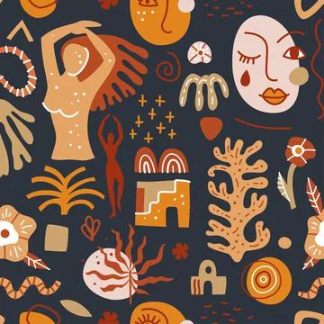 Trendy seamless pattern with abstract shapes and silhouettes of people Stock Illustration