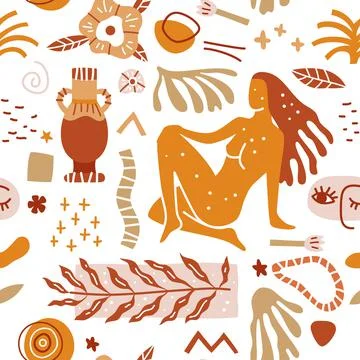 Trendy seamless pattern with abstract shapes and silhouettes of people Stock Illustration