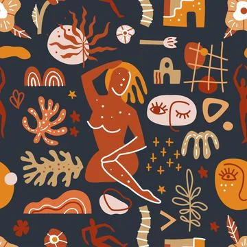 Trendy seamless pattern with abstract shapes and silhouettes of people Stock Illustration