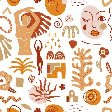 Trendy seamless pattern with abstract shapes and silhouettes of people Stock Illustration
