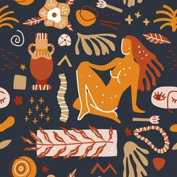 Trendy seamless pattern with abstract shapes and silhouettes of people Stock Illustration