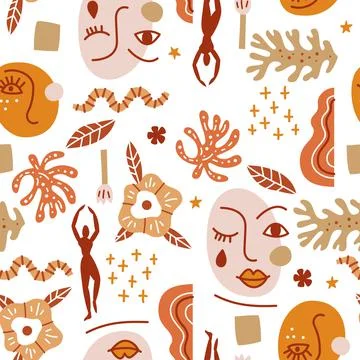 Trendy seamless pattern with abstract shapes and silhouettes of people イラスト素材