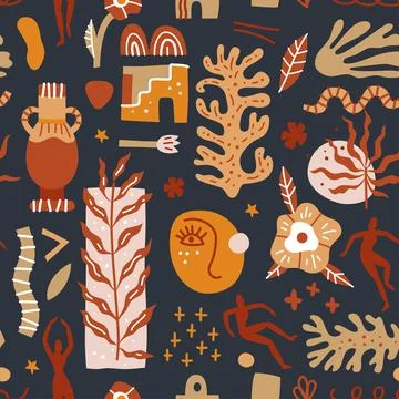 Trendy seamless pattern with abstract shapes and silhouettes of people Stock Illustration