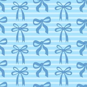 Trendy seamless pattern blue ribbon bow on on striped background. Coquette .. 스톡 일러스트