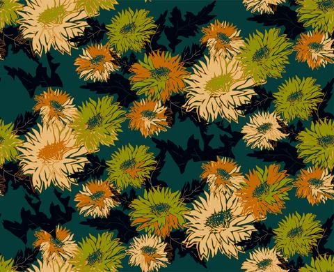 Trendy seamless pattern with colored silhouettes flowers of Chrysanthemum. Stock Illustration