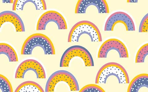 Trendy seamless pattern with colorful rainbow on color background. Design for Stock Illustration