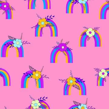 Trendy seamless pattern with colorful rainbow on color background. Design for Stock Illustration