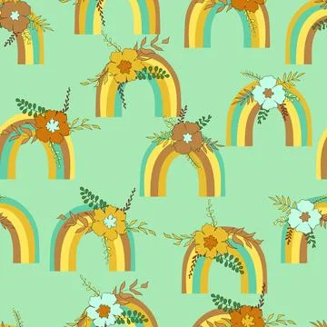 Trendy seamless pattern with colorful rainbow on color background. Design for Stock Illustration