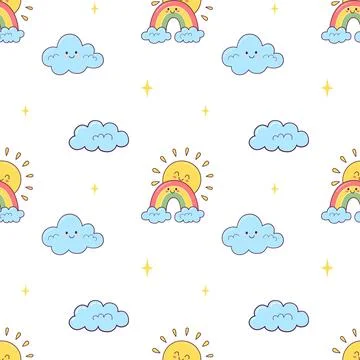 Trendy seamless pattern with cute weather elements sun, rainbow, clouds. Ve.. 스톡 일러스트