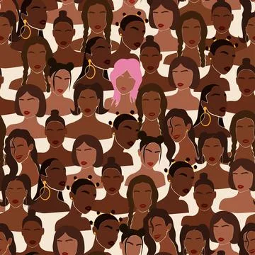 Trendy seamless pattern with diverse faceless women. Abstract bright wallpape Stock Illustration