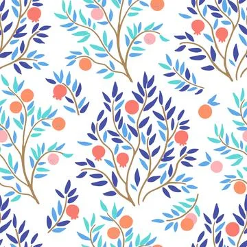 Trendy seamless pattern with doodle orange and pomegranate trees. Cute vect.. Stock Illustration