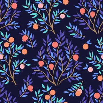 Trendy seamless pattern with doodle orange and pomegranate trees. Cute vect.. Stock Illustration