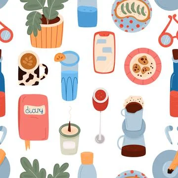 Trendy seamless pattern with elements daily life. Abstract bright wallpaper. Stock Illustration