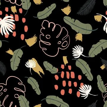 Trendy seamless pattern with exotics tropical leaves and plants with abstract イラスト素材