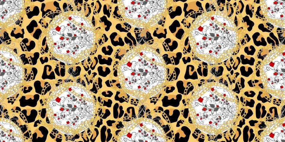 Trendy seamless pattern with gold chains on leopard skin with flower. eps10 Stock Illustration