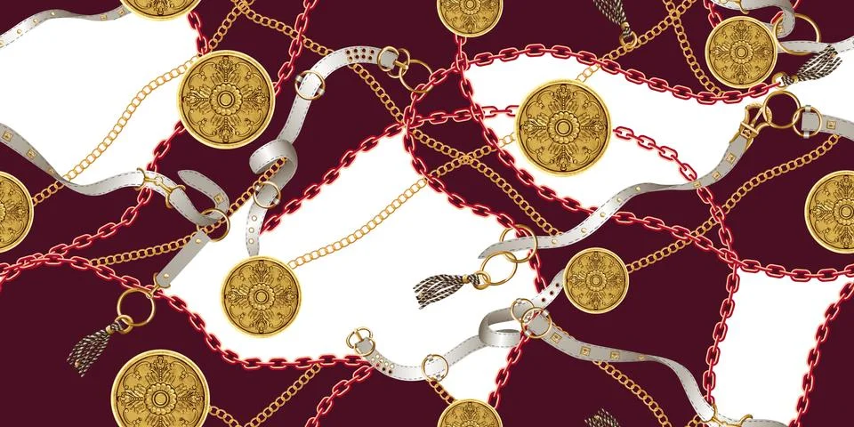 Trendy seamless pattern with gold chains and belts, patch for print, fabric, tex Stock Illustration