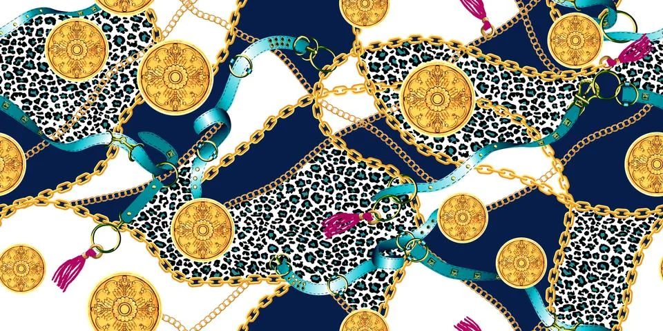 Trendy seamless pattern with gold chains and belts, leopard skin, patch for prin Stock Illustration