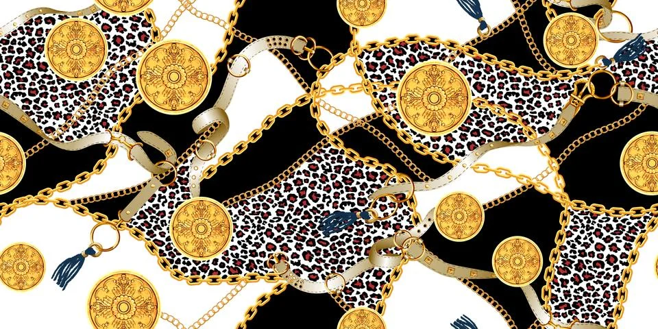 Trendy seamless pattern with gold chains and belts, leopard skin, patch for prin Stock Illustration