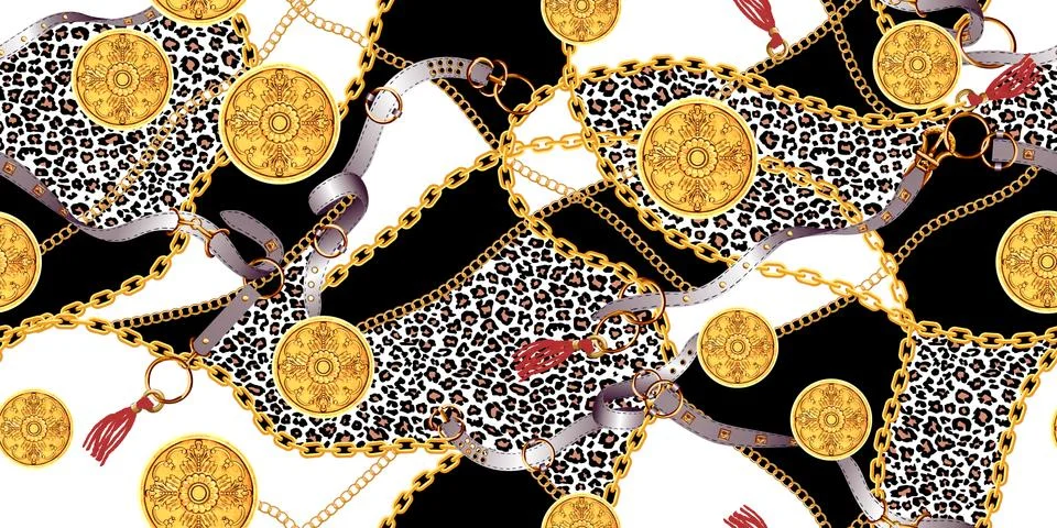Trendy seamless pattern with gold chains and belts, leopard skin, patch for prin 스톡 일러스트
