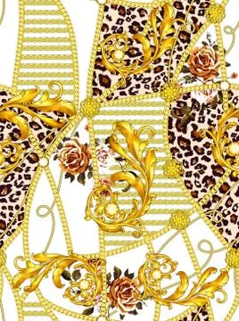 Trendy seamless pattern with gold chains, leopard and baroque, patch for print, Stock Illustration
